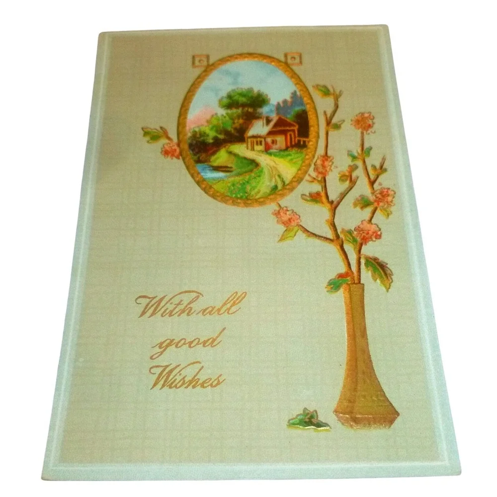 Antique Embossed Postcard With All Good Wishes Cottage Landscape Floral Unposted